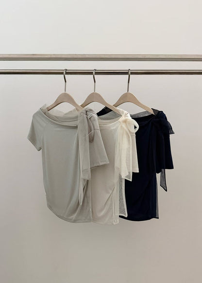 High End Mesh Asymmetrical Bow Off Shoulder Top(3Colours)
