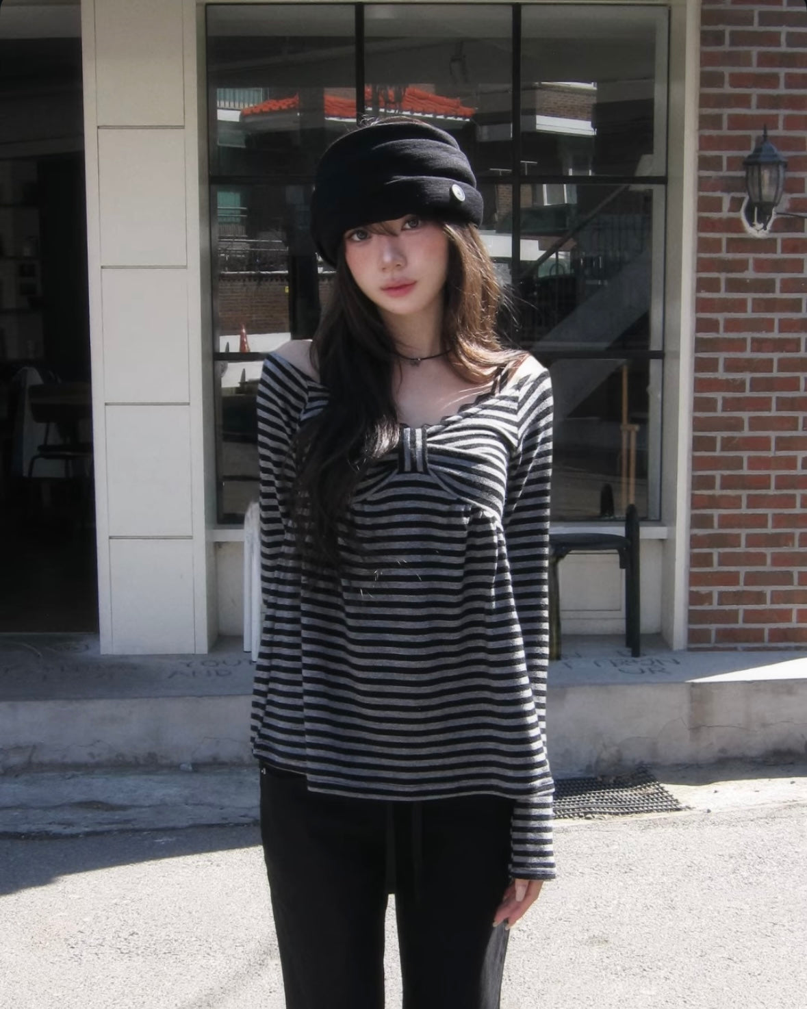 Ribbon Chest Design Off Shoulder Striped Top