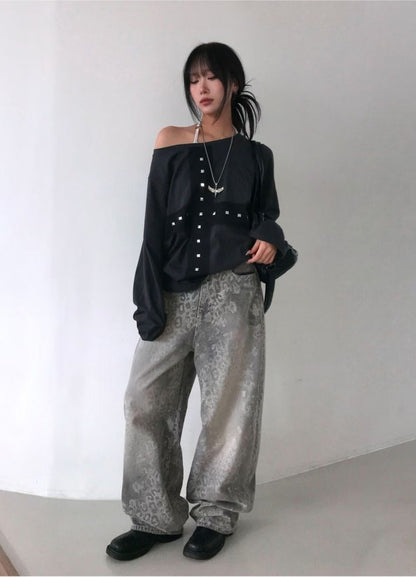 [OOTJ] Karina Pants Same Brand! Unisex Icy Washing Leopard Wide Denim Pants