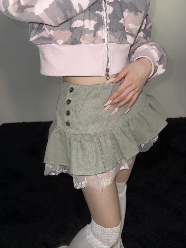 Lace Hem Trim Button Detail Mini Skirt (2 Colours)