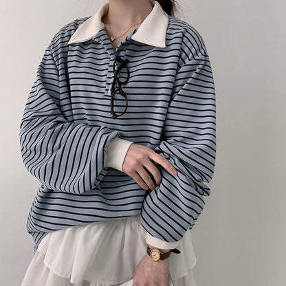 Collar striped long-sleeve top
