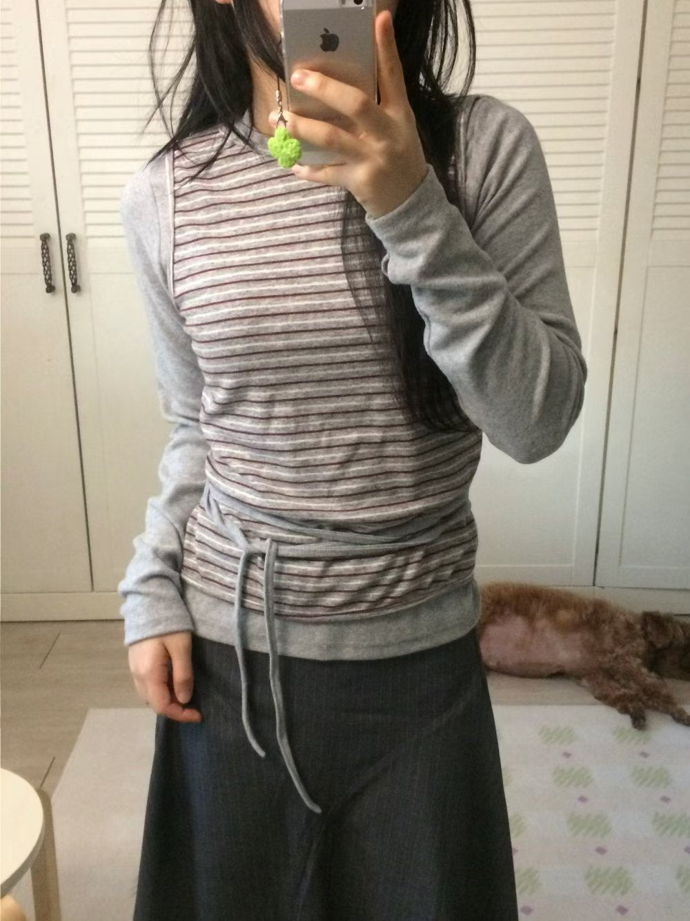 Striped Fake Two Piece Long Sleeve Tie Tee