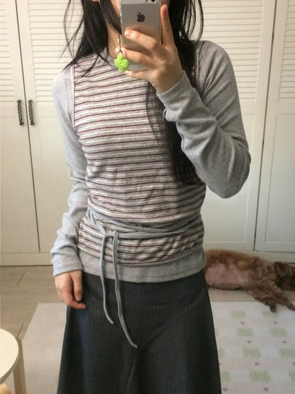 Striped Fake Two Piece Long Sleeve Tie Tee