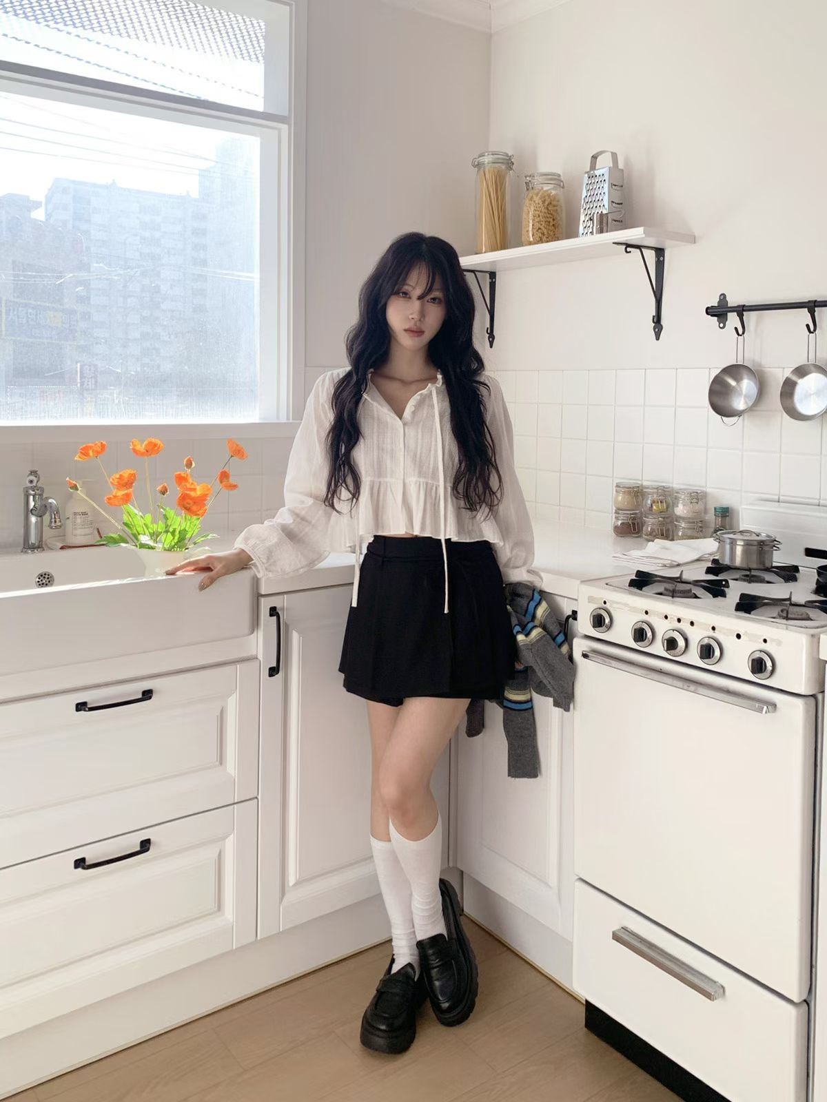 Ruffle Hem Long Sleeve Blouse with Ties