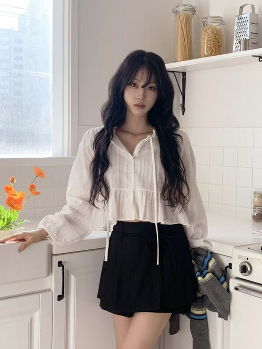 Ruffle Hem Long Sleeve Blouse with Ties