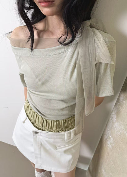 High End Mesh Asymmetrical Bow Off Shoulder Top(2Colours)