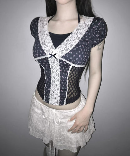Fairycore Floral Lace Detail Panel Tee (Navy)
