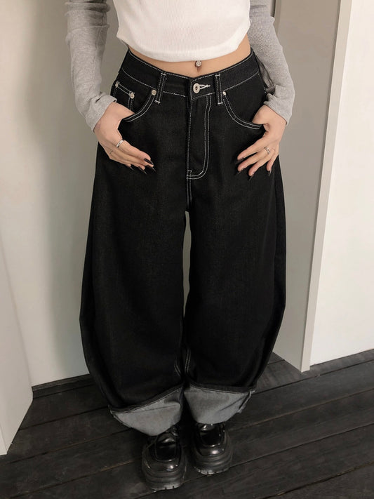 Pink Pattern Threads Black Denim Jeans