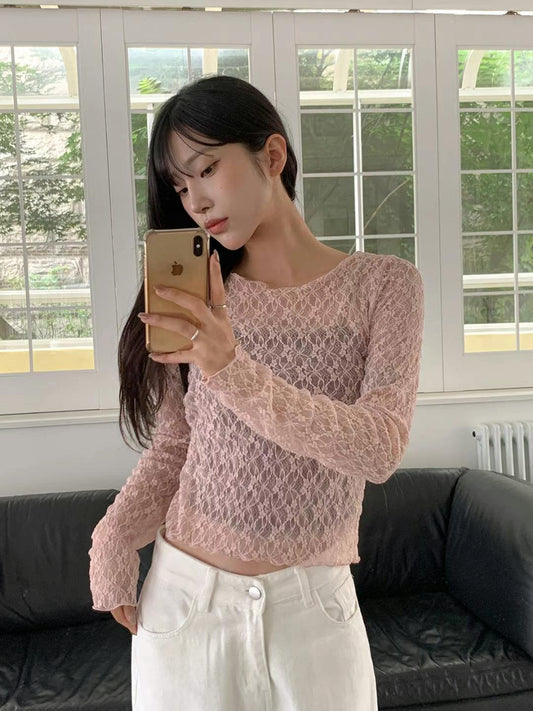 Sheer Lacy Slight Cropped Ballet Floral Tee (3 Colours)