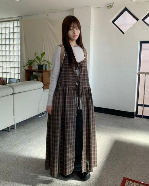 Ribbon Check 2 Way Layering Long Dress Ops