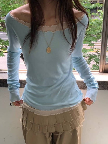 (Preorder) Contrast Off-shoulder Loose-fit Drape Layered Frill Long-sleeve T-shirt