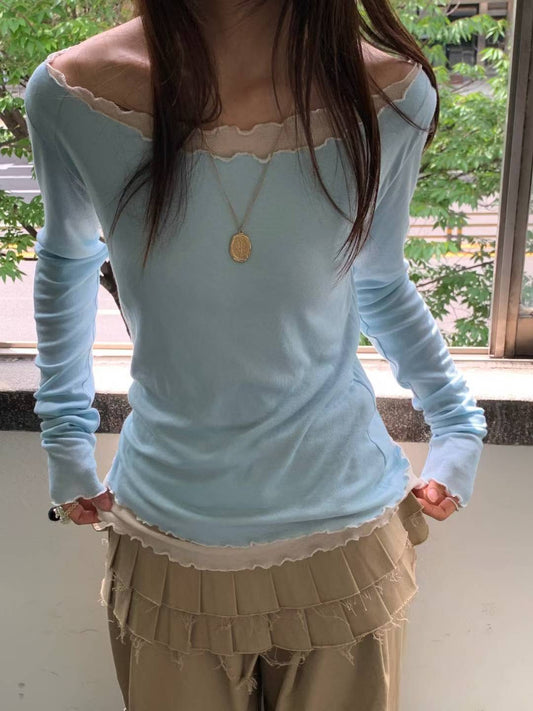 (Preorder) Contrast Off-shoulder Loose-fit Drape Layered Frill Long-sleeve T-shirt