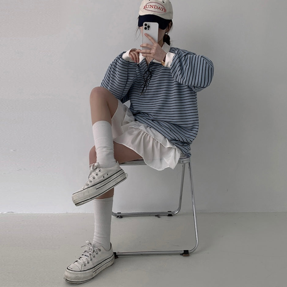 Collar striped long-sleeve top