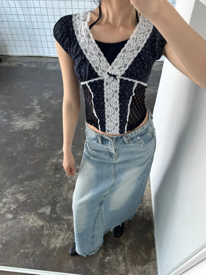 Fairycore Floral Lace Detail Panel Tee (Navy)