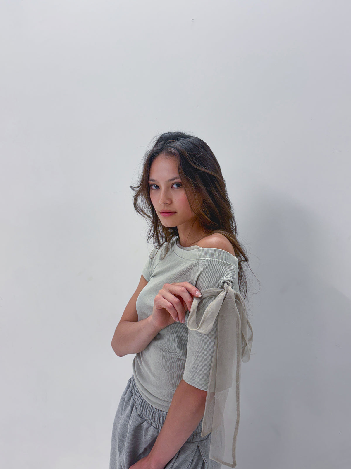 High End Mesh Asymmetrical Bow Off Shoulder Top(2Colours)