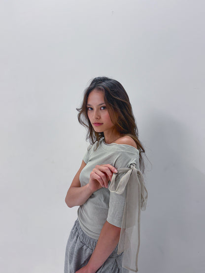 High End Mesh Asymmetrical Bow Off Shoulder Top(2Colours)
