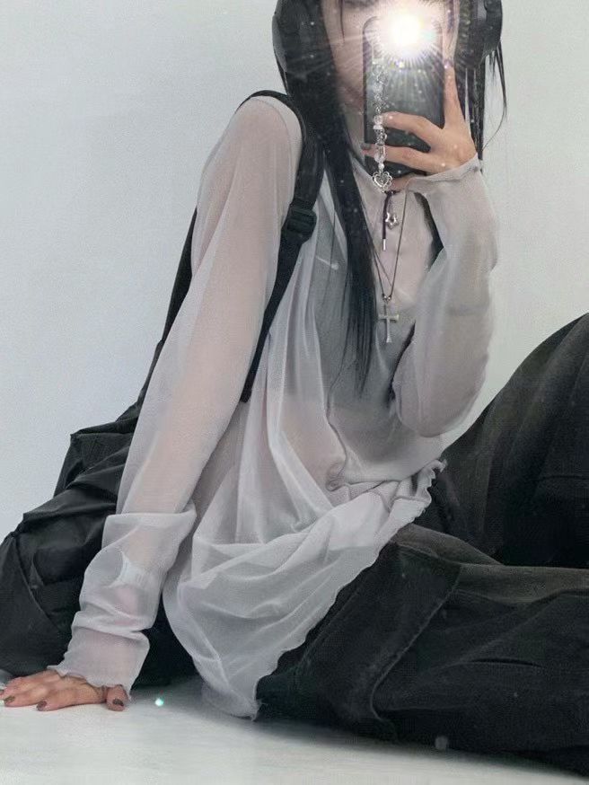 (Preorder) Long mesh high neck layered sheer long sleeve Top