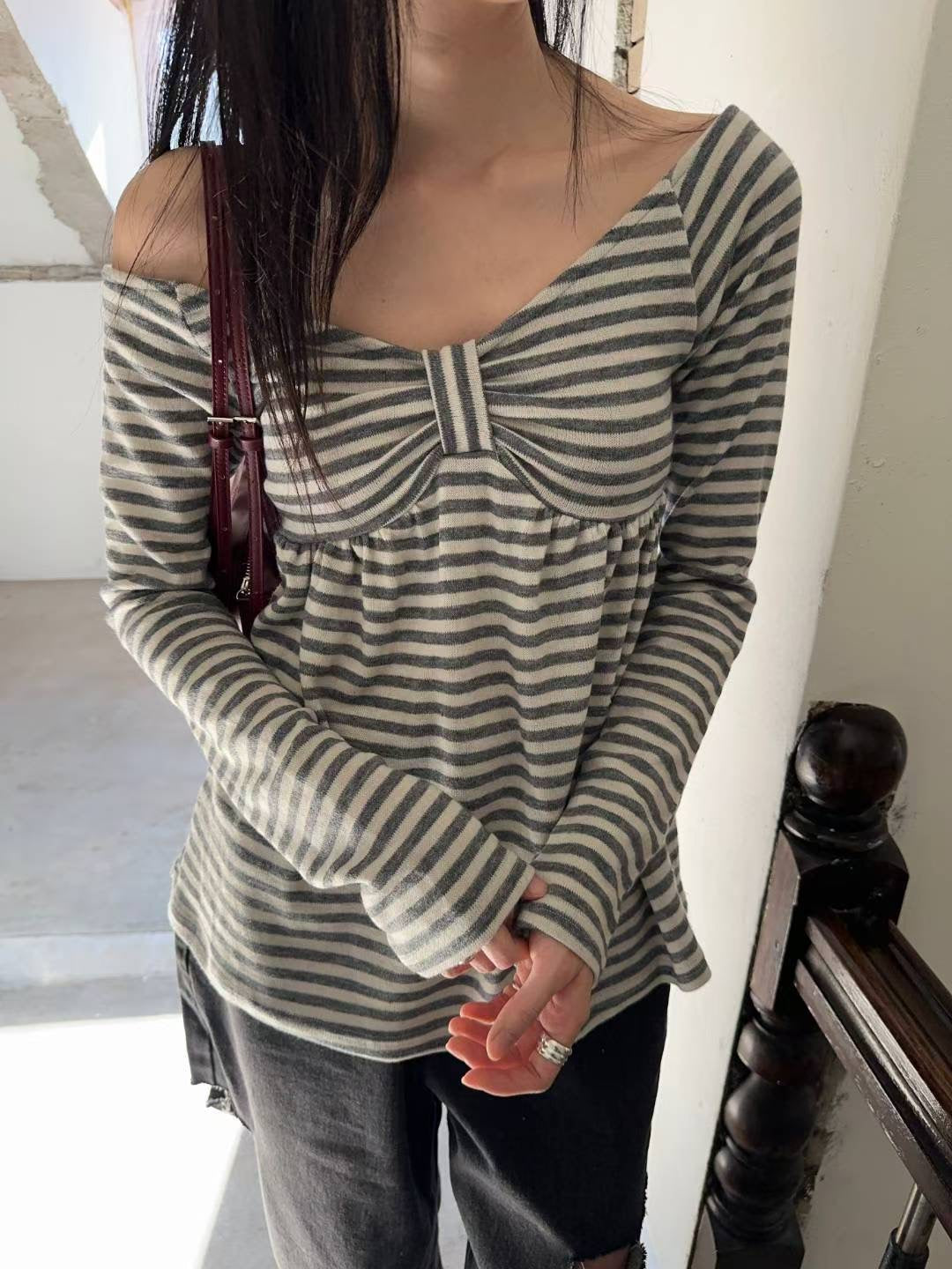 (DEC NEW) Ribbon Chest Design Off Shoulder Striped Top