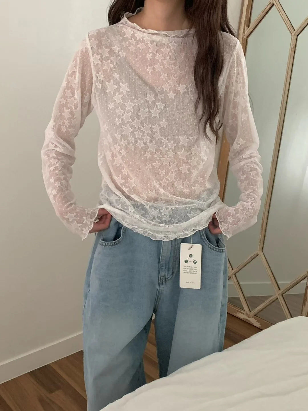 Star Detailed Mesh Lace Ruffle Hem Long Sleeve Top
