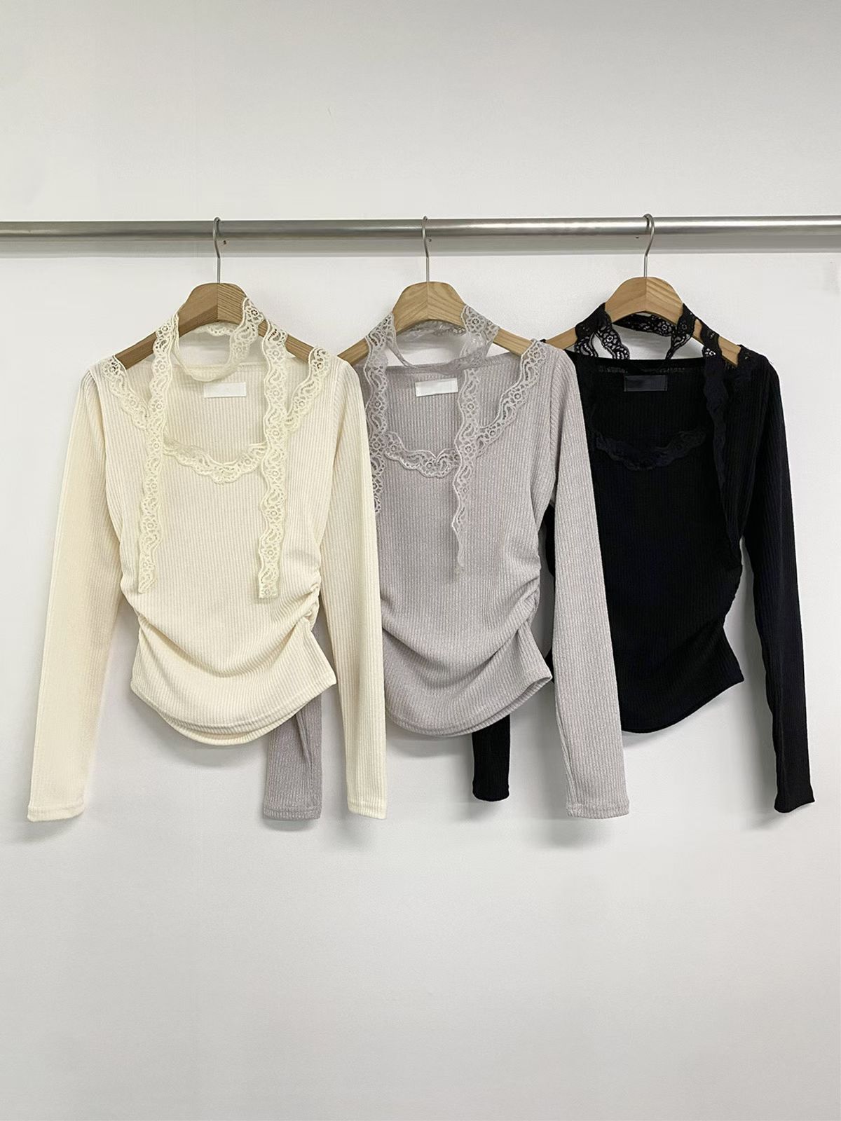 Lace-Trim Ribbed Long Sleeve Top with Scarf