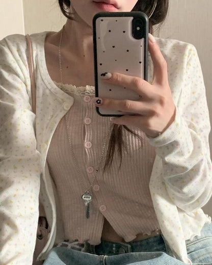 Soft Lace Trim Ribbed Fake Button Sleeveless Top (3 Colours)