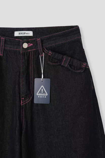 (Preorder) Pink threads Wide Denim Ribbon Balloon Jeans