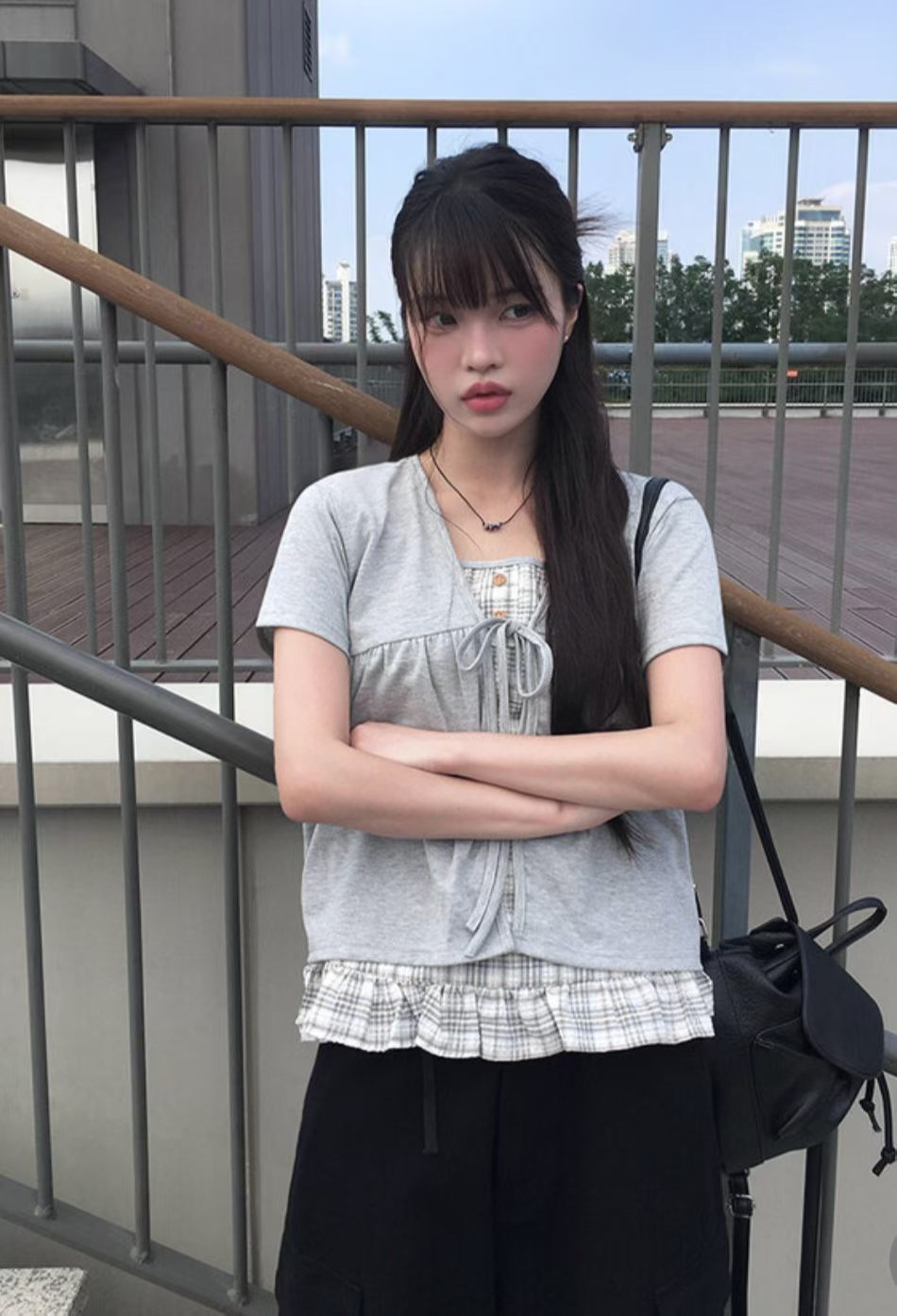 Pretty Check Color Layer Fake Cardigan Top