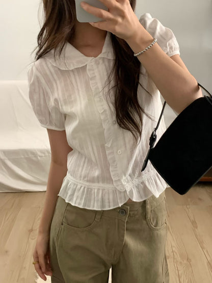 Dolly Button Up Layered Frill Collar Short Sleeve Blouse