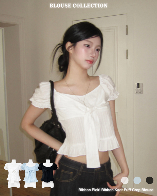 Ribbon Pick! Ribbon Knot Puff Crop Blouse