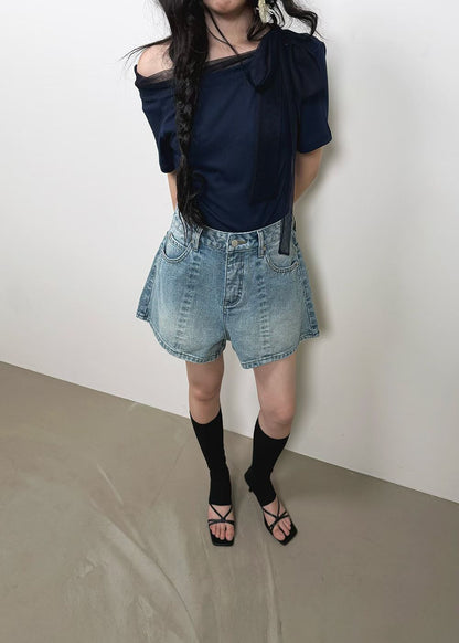 High End Mesh Asymmetrical Bow Off Shoulder Top(3Colours)