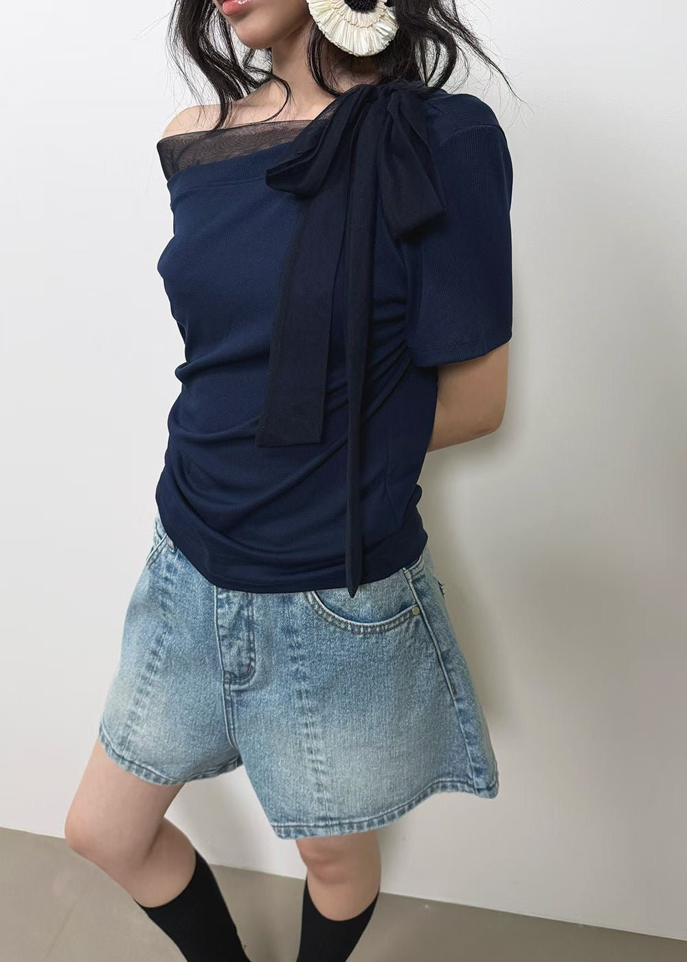 High End Mesh Asymmetrical Bow Off Shoulder Top(3Colours)