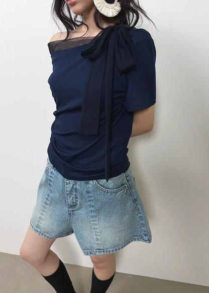 High End Mesh Asymmetrical Bow Off Shoulder Top(3Colours)