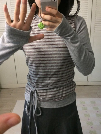 Striped Fake Two Piece Long Sleeve Tie Tee