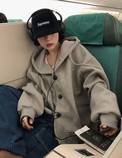 Oversized Double-Knit Button Hood Zip-Up