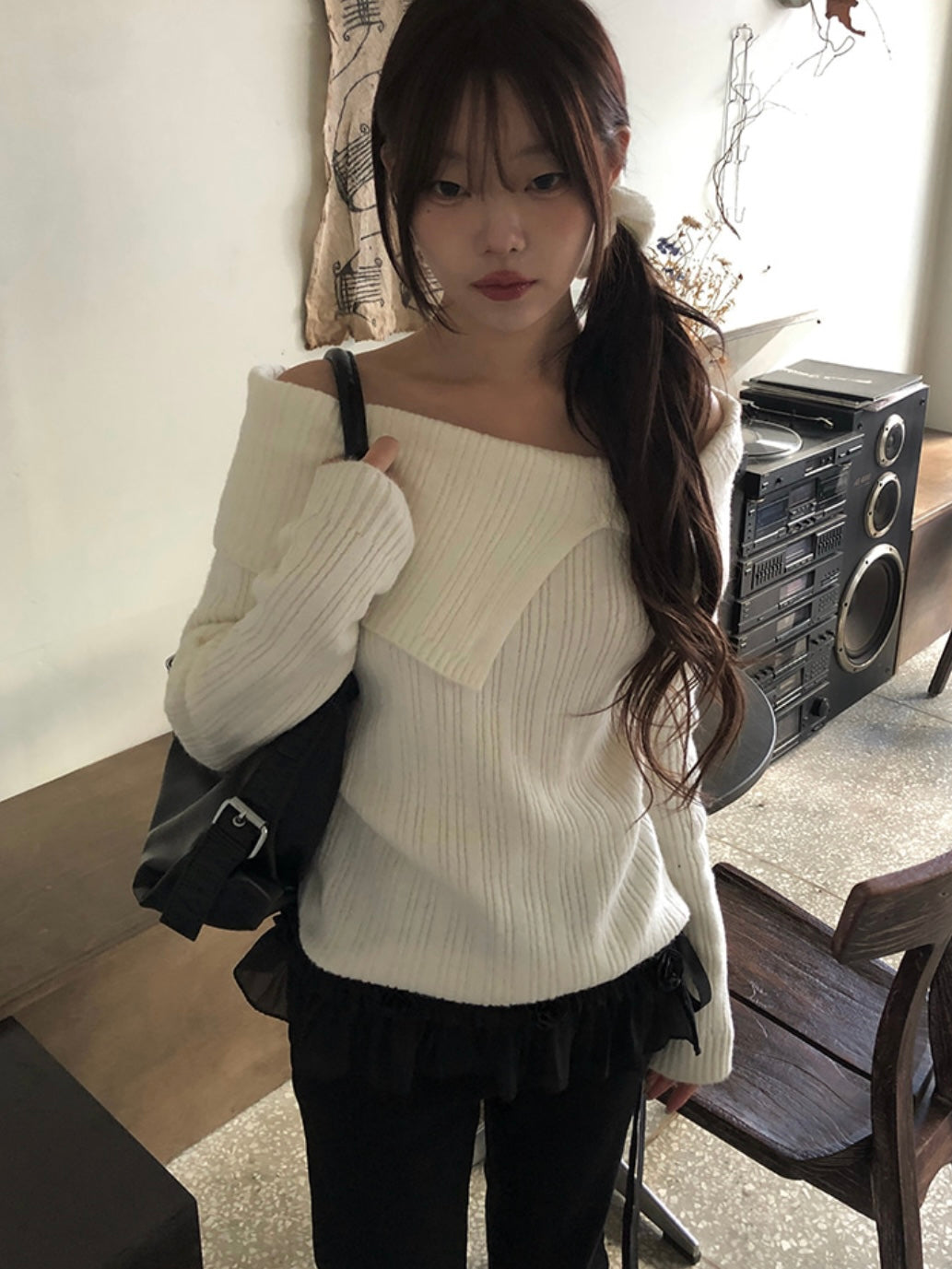 Two Collar Off Shoulder Knit Top