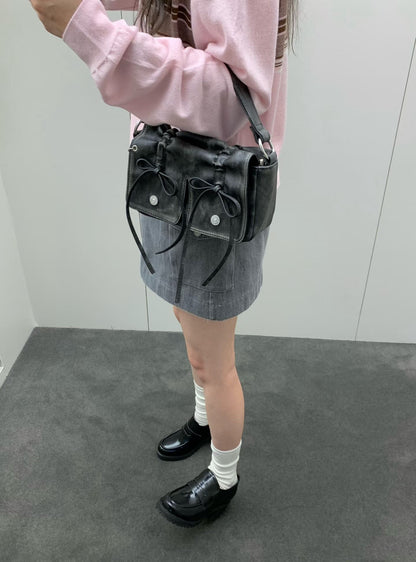 Black Designer Brand Ribbon Leather Shoulder Bag (Large/Mini)