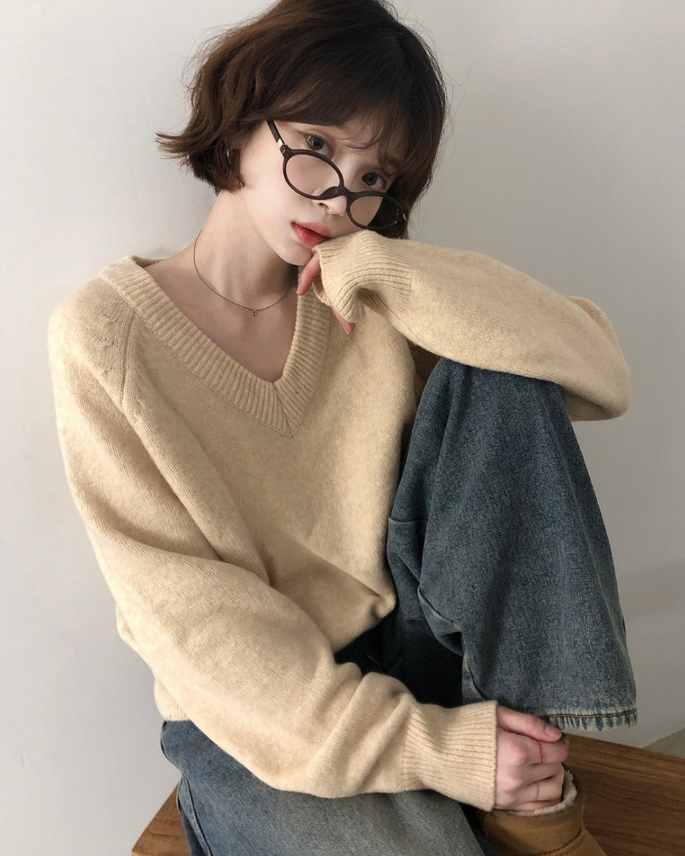 V neck Wool Blend Spring knitwear