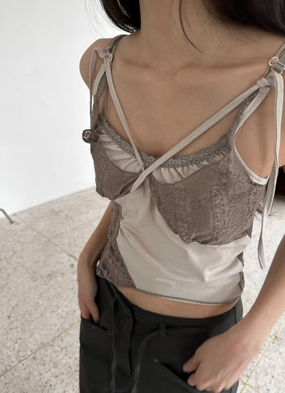 Layered Lace Patchwork Camisole with Bow