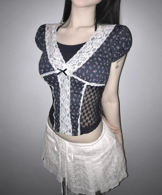 Fairycore Floral Lace Detail Panel Tee (Navy)
