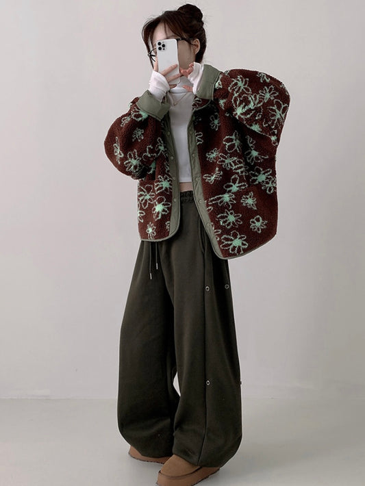 Reversible Flower Dumping Windbreaker Fleece Jacket