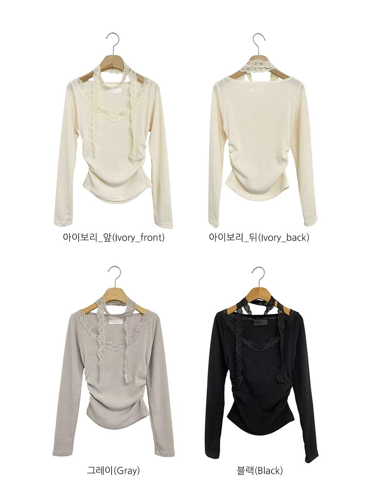 Lace-Trim Ribbed Long Sleeve Top with Scarf