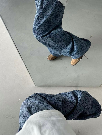 Unisex Floral pigment print loose-fit cotton one size pants