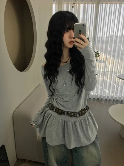 Soft Layered Long Sleeve Off-Shoulder Top (Grey)