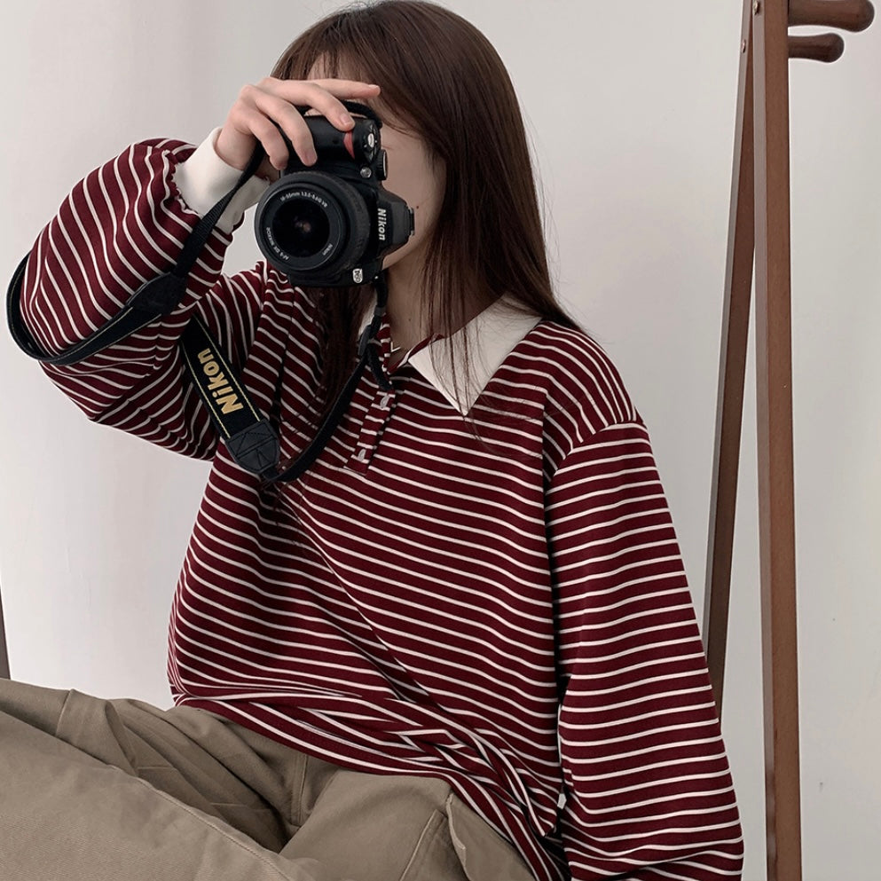 Collar striped long-sleeve top