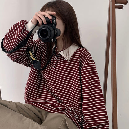 Collar striped long-sleeve top