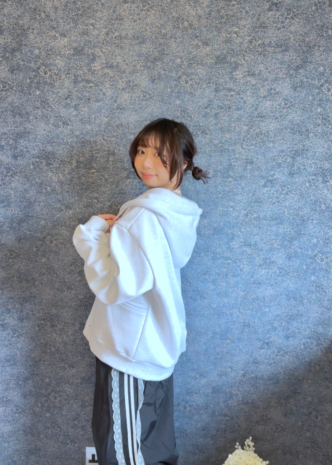 Oversized Double-Knit Button Hood Zip-Up (Navy White Preorder)