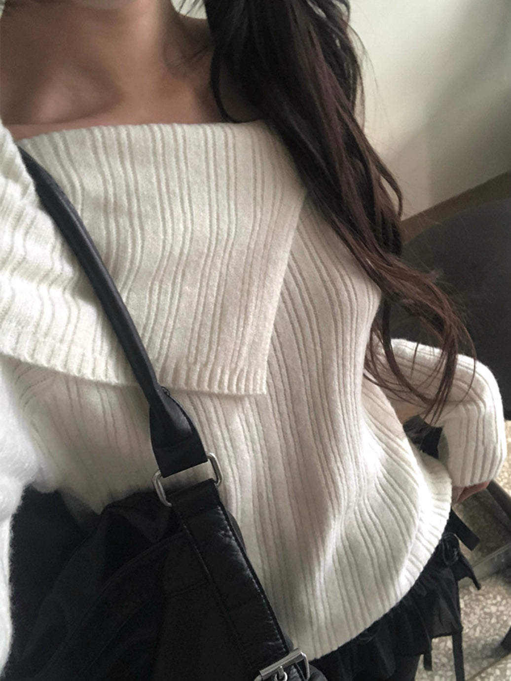 Two Collar Off Shoulder Knit Top