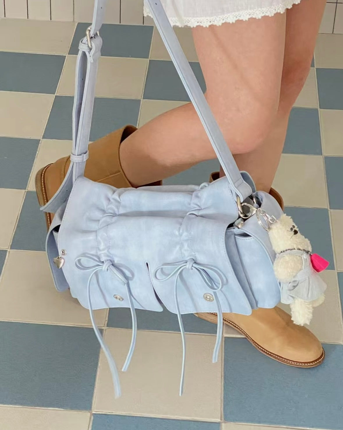 Skyblue Designer Brand Ribbon Leather Shoulder Bag (Large/Mini)