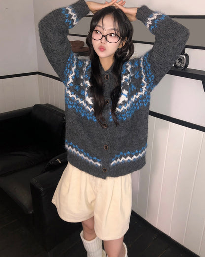 Nordic Rabbit Pattern Wool Knit Polo Cardigan