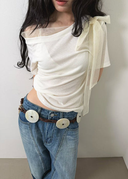 High End Mesh Asymmetrical Bow Off Shoulder Top(3Colours)